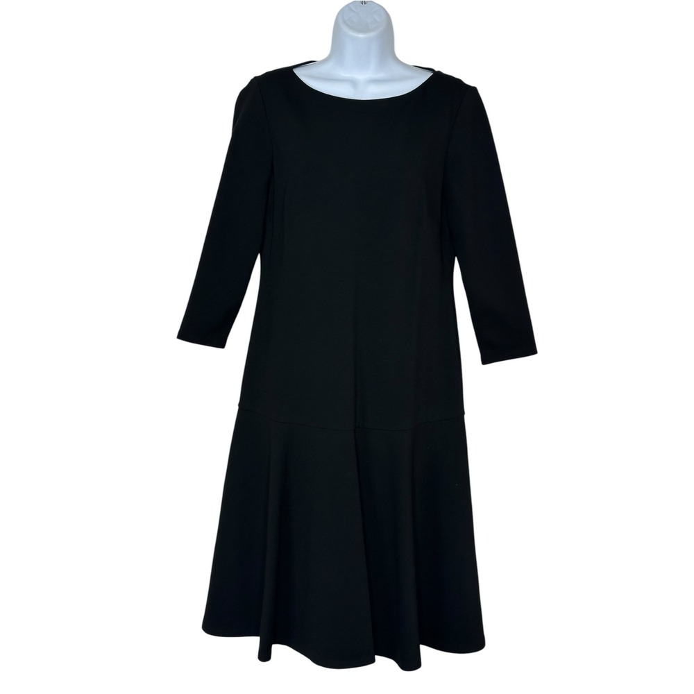 Lafayette 148 New York Dress Small Black Drop Waist Flounce 3/4 Boat Neck LBD